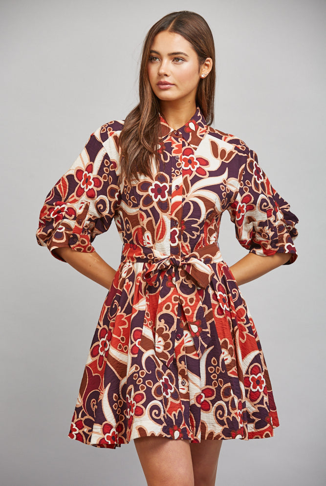 Fate Abstract Floral Print Tie Waist Gathered Short Sleeve Dress – Purple Multi-Short Dresses-Fate-Deja Nu Boutique, Women's Fashion Boutique in Lampasas, Texas