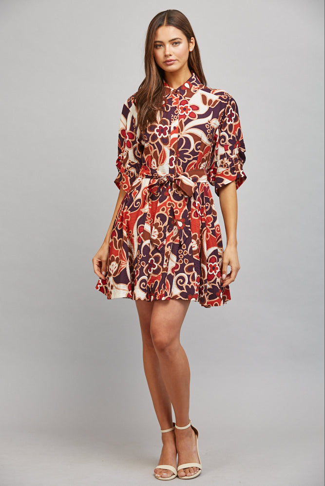 Fate Abstract Floral Print Tie Waist Gathered Short Sleeve Dress – Purple Multi-Short Dresses-Fate-Deja Nu Boutique, Women's Fashion Boutique in Lampasas, Texas