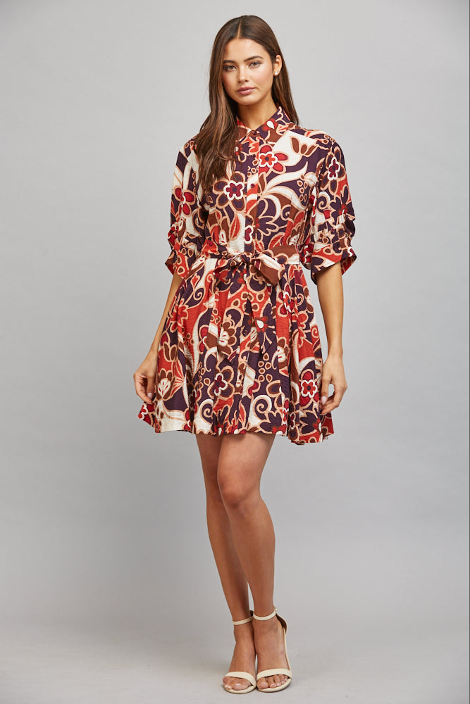 Fate Abstract Floral Print Tie Waist Gathered Short Sleeve Dress – Purple Multi-Short Dresses-Fate-Deja Nu Boutique, Women's Fashion Boutique in Lampasas, Texas