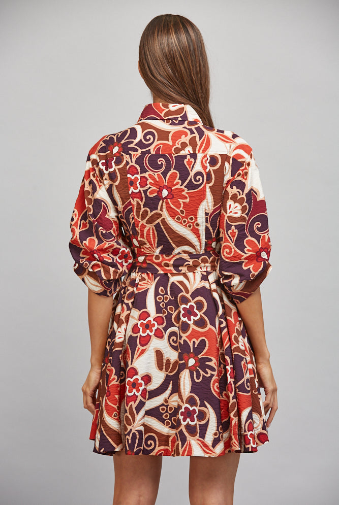 Fate Abstract Floral Print Tie Waist Gathered Short Sleeve Dress – Purple Multi-Short Dresses-Fate-Deja Nu Boutique, Women's Fashion Boutique in Lampasas, Texas