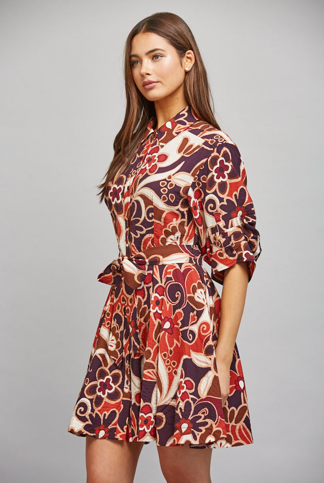 Fate Abstract Floral Print Tie Waist Gathered Short Sleeve Dress – Purple Multi-Short Dresses-Fate-Deja Nu Boutique, Women's Fashion Boutique in Lampasas, Texas