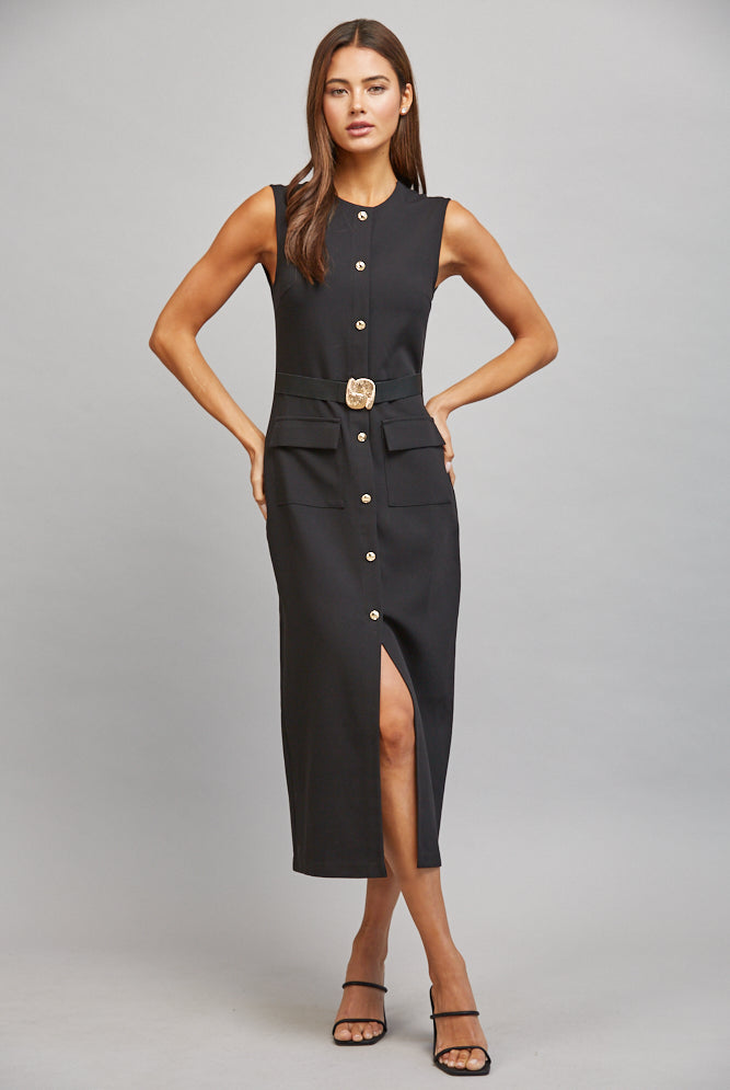 Fate Black Gold Button Belted Midi Dress-Midi Dresses-Fate-Deja Nu Boutique, Women's Fashion Boutique in Lampasas, Texas