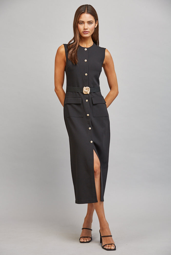 Fate Black Gold Button Belted Midi Dress-Midi Dresses-Fate-Deja Nu Boutique, Women's Fashion Boutique in Lampasas, Texas