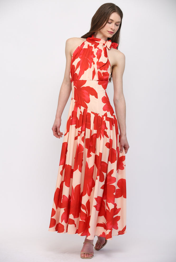 Fate Bold Floral Halter Maxi Dress in Pale Peach & Orange-Maxi Dresses-Fate-Deja Nu Boutique, Women's Fashion Boutique in Lampasas, Texas