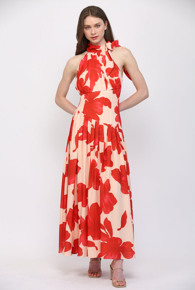 Fate Bold Floral Halter Maxi Dress in Pale Peach & Orange-Maxi Dresses-Fate-Deja Nu Boutique, Women's Fashion Boutique in Lampasas, Texas