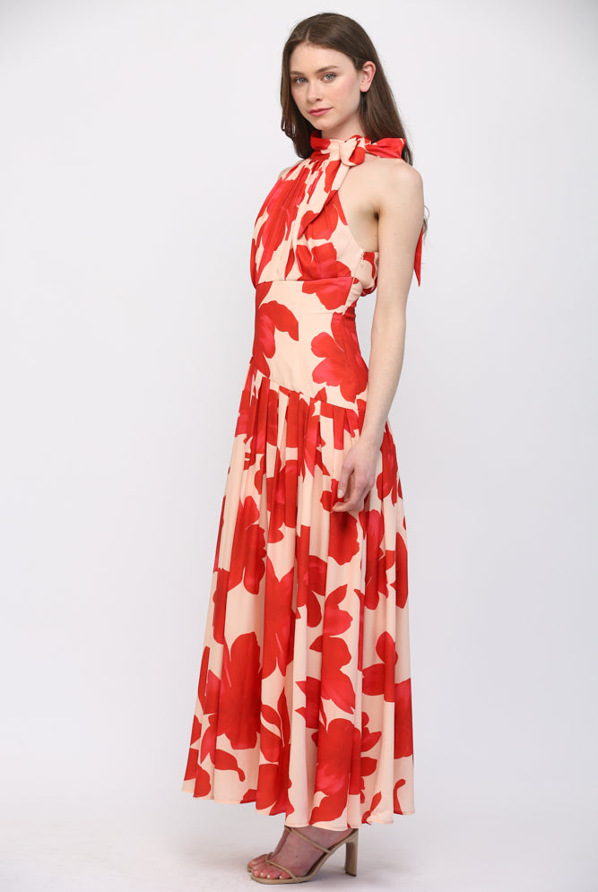 Fate Bold Floral Halter Maxi Dress in Pale Peach & Orange-Maxi Dresses-Fate-Deja Nu Boutique, Women's Fashion Boutique in Lampasas, Texas