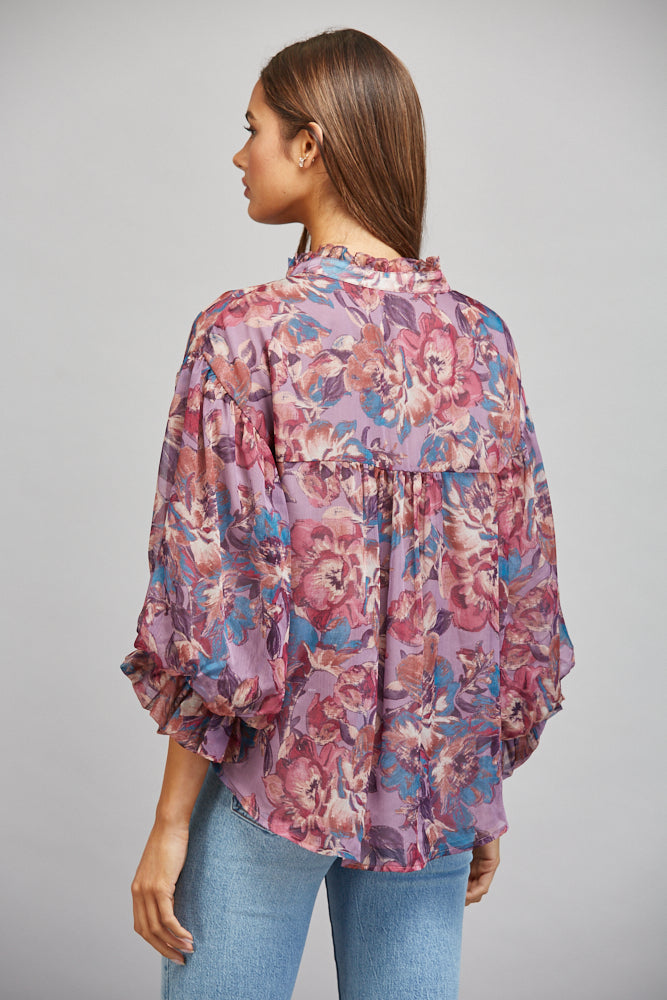Fate Dusty Mauve Multi Floral Print Ruffle Neck Blouse-shirts-Fate-Deja Nu Boutique, Women's Fashion Boutique in Lampasas, Texas