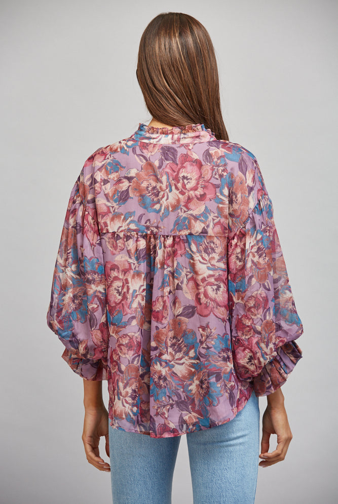 Fate Dusty Mauve Multi Floral Print Ruffle Neck Blouse-shirts-Fate-Deja Nu Boutique, Women's Fashion Boutique in Lampasas, Texas