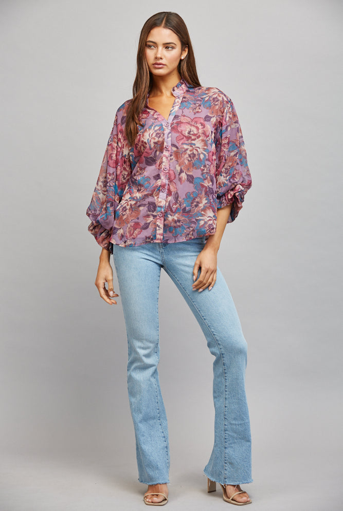 Fate Dusty Mauve Multi Floral Print Ruffle Neck Blouse-shirts-Fate-Deja Nu Boutique, Women's Fashion Boutique in Lampasas, Texas