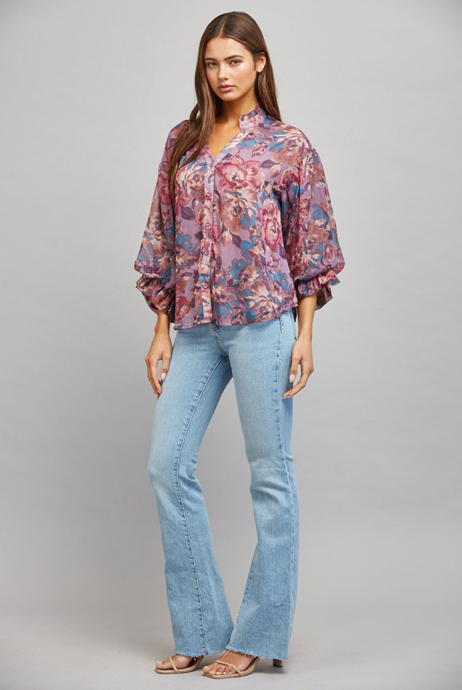 Fate Dusty Mauve Multi Floral Print Ruffle Neck Blouse-shirts-Fate-Deja Nu Boutique, Women's Fashion Boutique in Lampasas, Texas