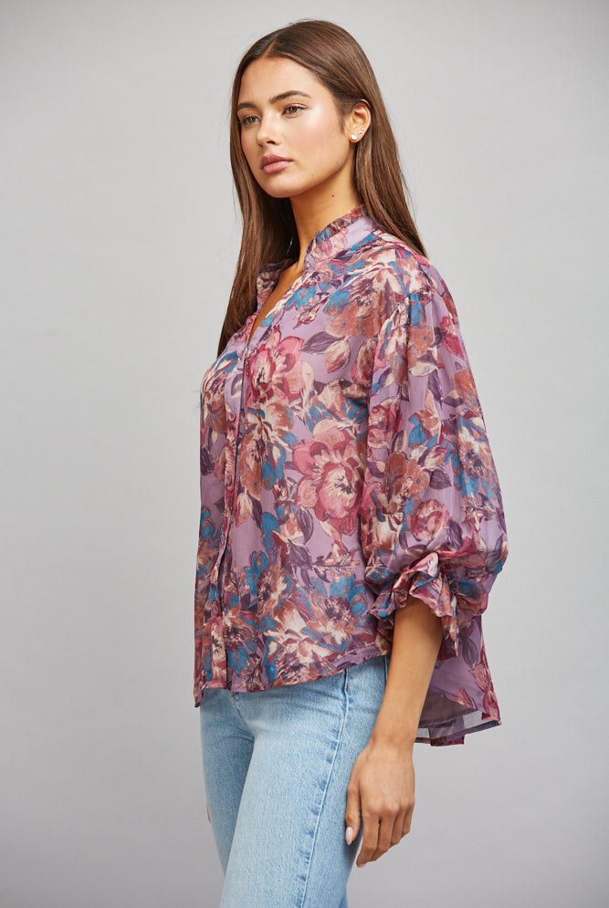Fate Dusty Mauve Multi Floral Print Ruffle Neck Blouse-shirts-Fate-Deja Nu Boutique, Women's Fashion Boutique in Lampasas, Texas
