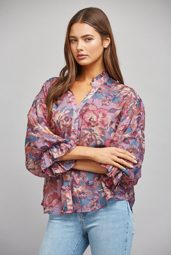 Fate Dusty Mauve Multi Floral Print Ruffle Neck Blouse-shirts-Fate-Deja Nu Boutique, Women's Fashion Boutique in Lampasas, Texas