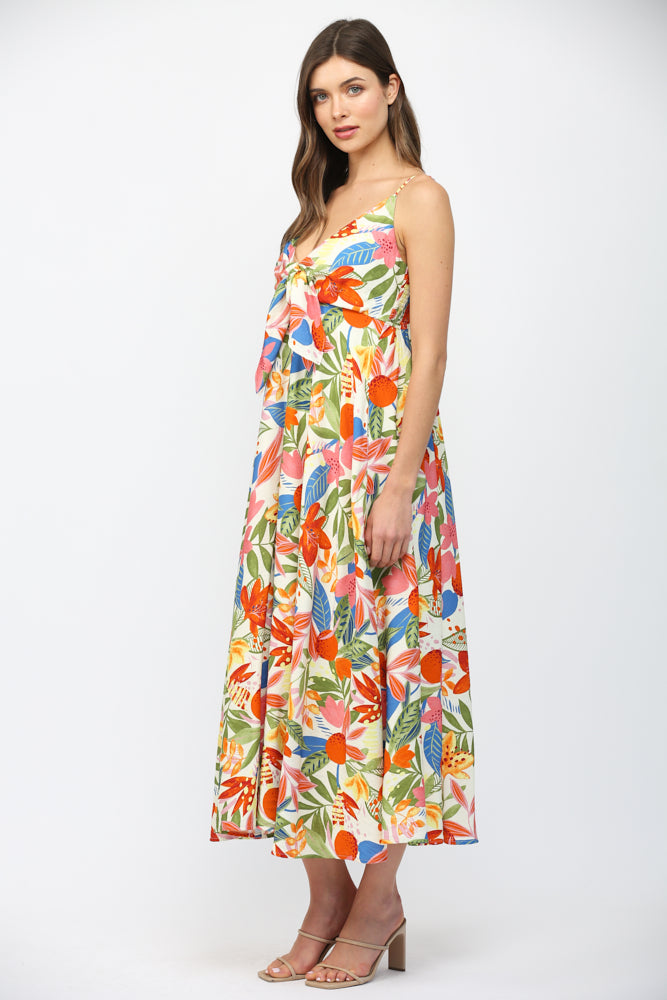 Fate Floral Spaghetti Strap Midi Dress Front Bow Tie White Multi-Midi Dresses-Fate-Deja Nu Boutique, Women's Fashion Boutique in Lampasas, Texas