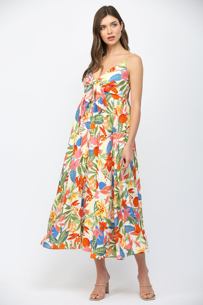 Fate Floral Spaghetti Strap Midi Dress Front Bow Tie White Multi-Midi Dresses-Fate-Deja Nu Boutique, Women's Fashion Boutique in Lampasas, Texas