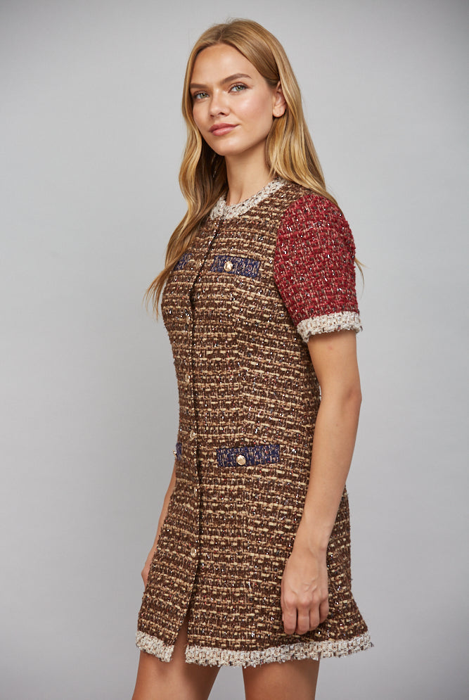 Fate Lurex Mixed Tweed Dress with Contrast Trim in Sand/Wine-mini dress-Fate-Deja Nu Boutique, Women's Fashion Boutique in Lampasas, Texas