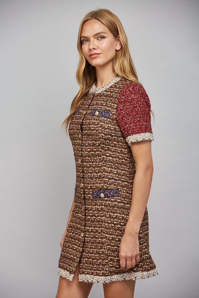 Fate Lurex Mixed Tweed Dress with Contrast Trim in Sand/Wine-mini dress-Fate-Deja Nu Boutique, Women's Fashion Boutique in Lampasas, Texas