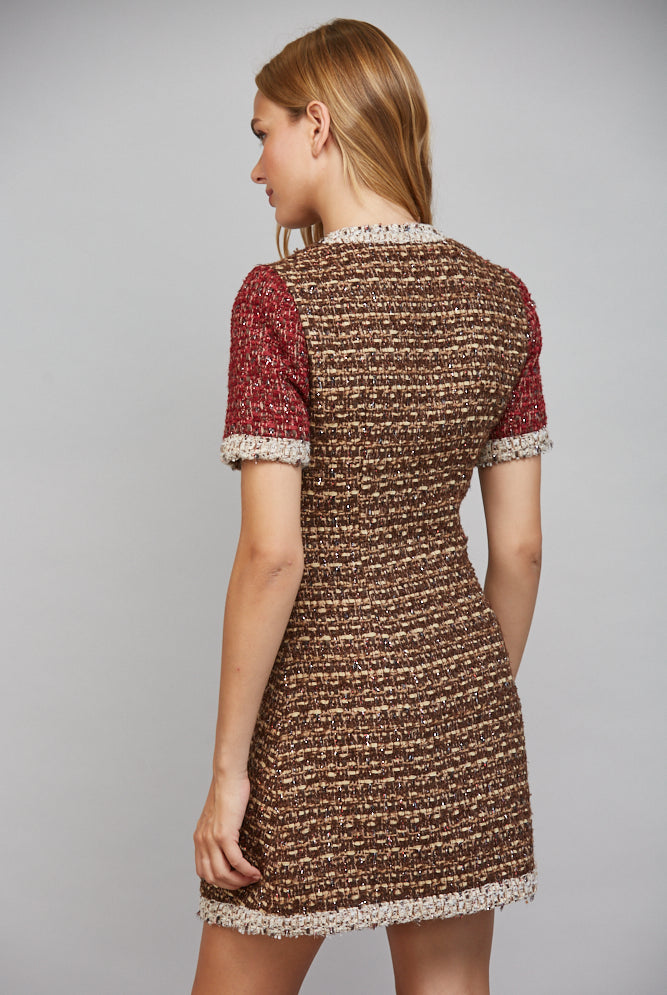 Fate Lurex Mixed Tweed Dress with Contrast Trim in Sand/Wine-mini dress-Fate-Deja Nu Boutique, Women's Fashion Boutique in Lampasas, Texas