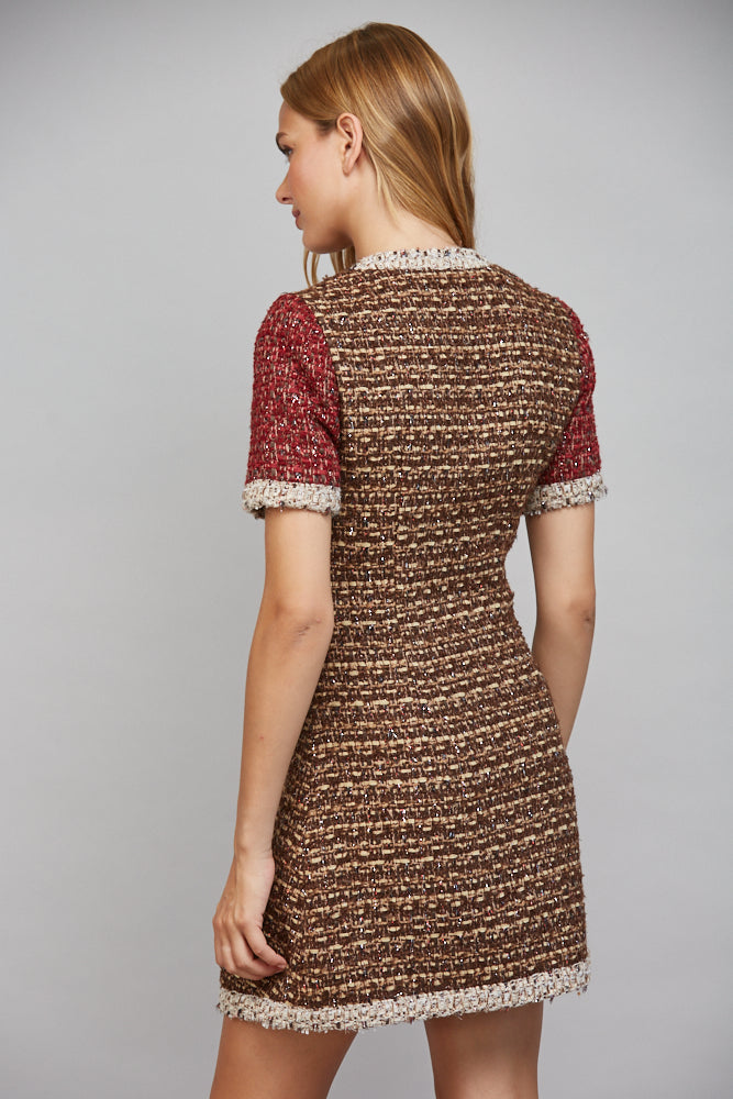 Fate Lurex Mixed Tweed Dress with Contrast Trim in Sand/Wine-mini dress-Fate-Deja Nu Boutique, Women's Fashion Boutique in Lampasas, Texas