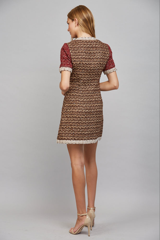 Fate Lurex Mixed Tweed Dress with Contrast Trim in Sand/Wine-mini dress-Fate-Deja Nu Boutique, Women's Fashion Boutique in Lampasas, Texas