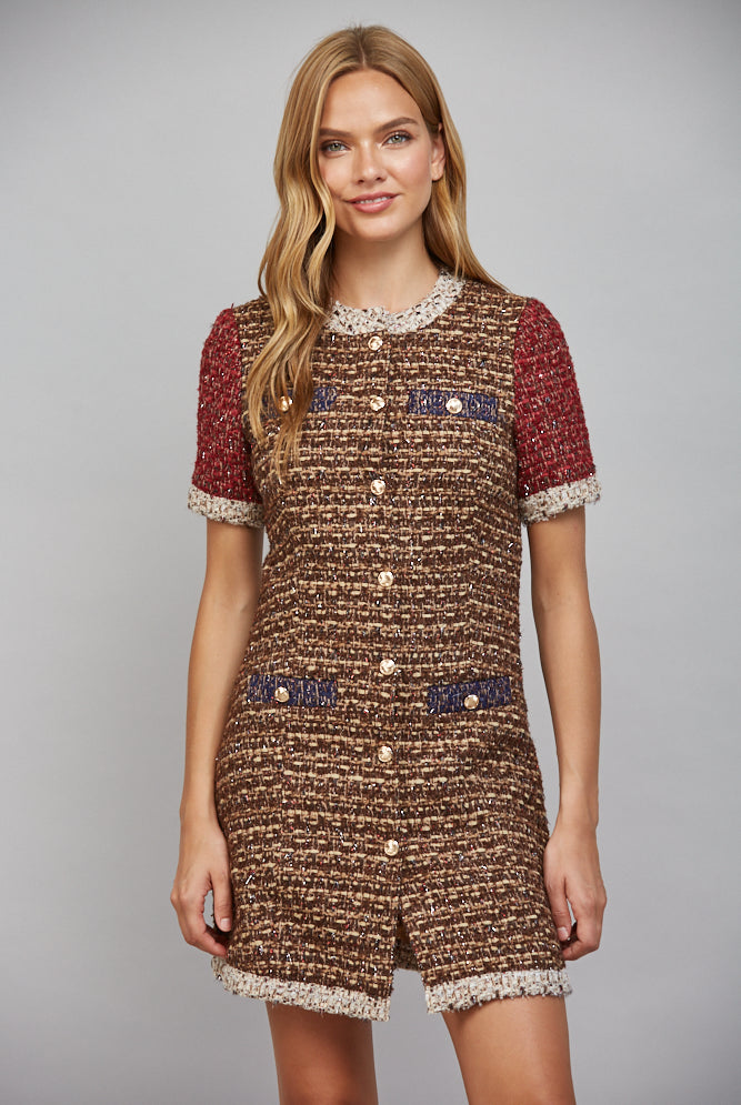 Fate Lurex Mixed Tweed Dress with Contrast Trim in Sand/Wine-mini dress-Fate-Deja Nu Boutique, Women's Fashion Boutique in Lampasas, Texas