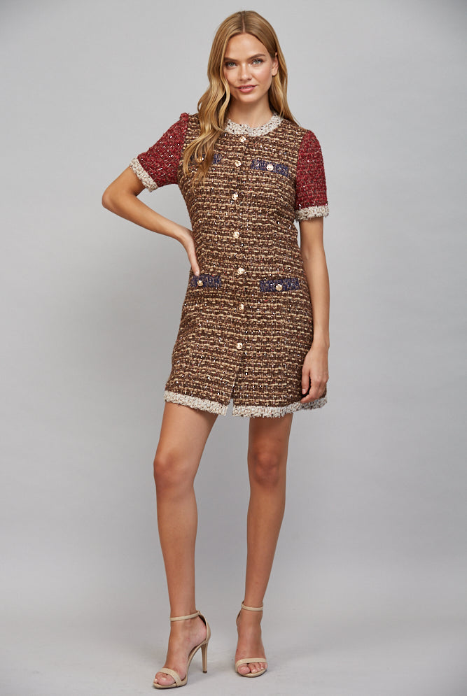Fate Lurex Mixed Tweed Dress with Contrast Trim in Sand/Wine-mini dress-Fate-Deja Nu Boutique, Women's Fashion Boutique in Lampasas, Texas