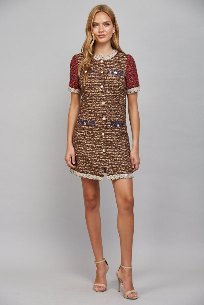 Fate Lurex Mixed Tweed Dress with Contrast Trim in Sand/Wine-mini dress-Fate-Deja Nu Boutique, Women's Fashion Boutique in Lampasas, Texas