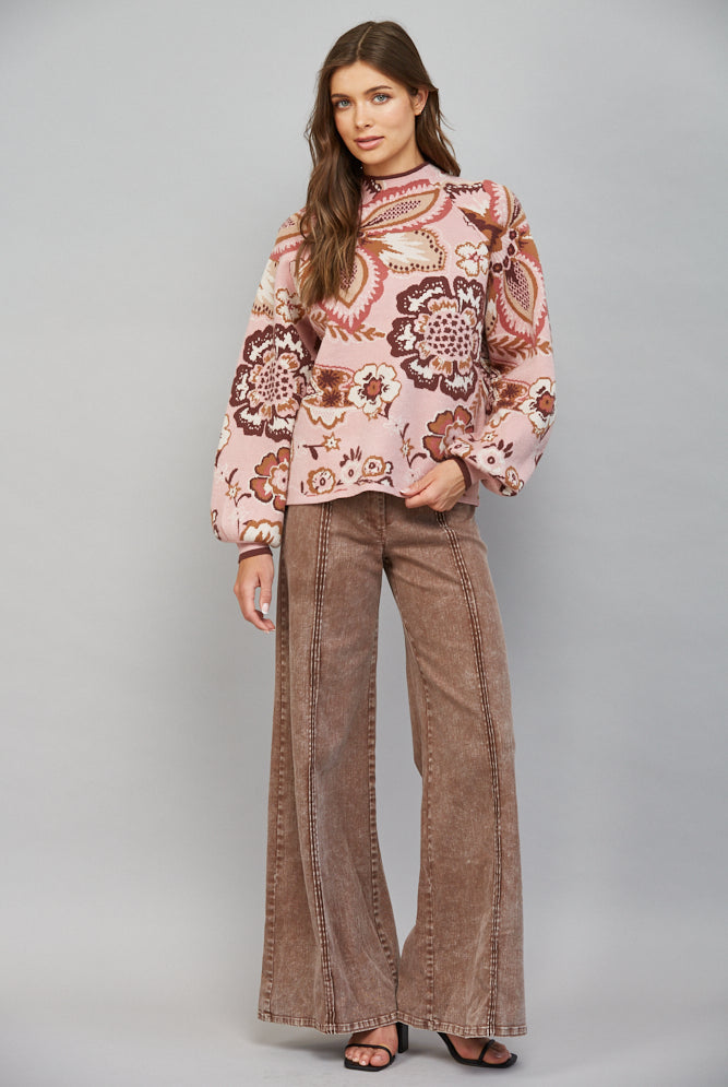 Fate Bold Floral & Paisley Pattern Funnel Neckline Sweater in Mauve Multi-Sweaters-Fate-Deja Nu Boutique, Women's Fashion Boutique in Lampasas, Texas