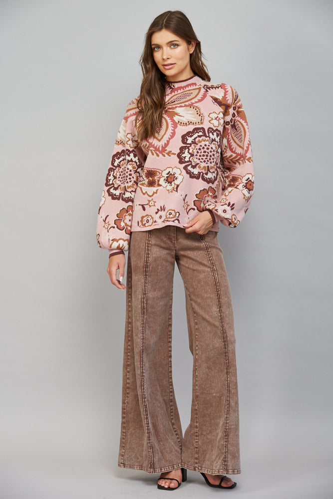 Fate Bold Floral & Paisley Pattern Funnel Neckline Sweater in Mauve Multi-Sweaters-Fate-Deja Nu Boutique, Women's Fashion Boutique in Lampasas, Texas
