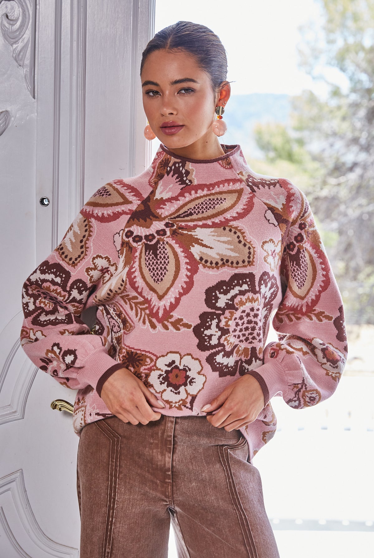 Fate Bold Floral & Paisley Pattern Funnel Neckline Sweater in Mauve Multi-Sweaters-Fate-Deja Nu Boutique, Women's Fashion Boutique in Lampasas, Texas