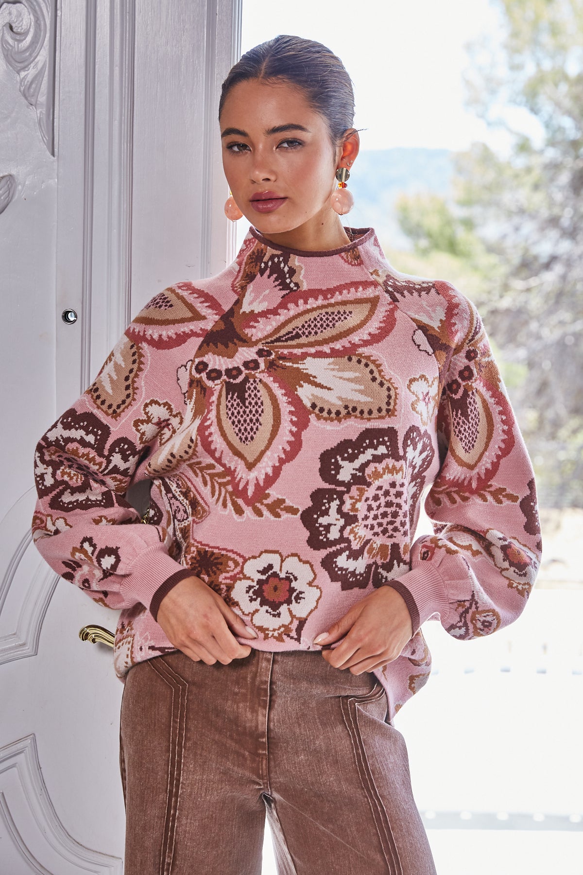 Fate Bold Floral & Paisley Pattern Funnel Neckline Sweater in Mauve Multi-Sweaters-Fate-Deja Nu Boutique, Women's Fashion Boutique in Lampasas, Texas