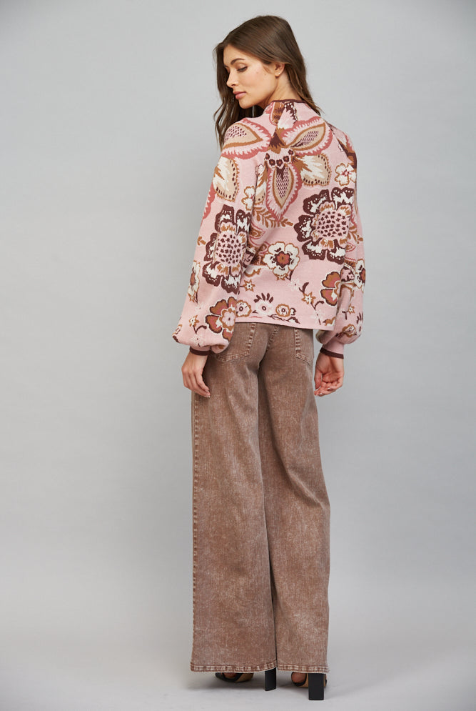 Fate Bold Floral & Paisley Pattern Funnel Neckline Sweater in Mauve Multi-Sweaters-Fate-Deja Nu Boutique, Women's Fashion Boutique in Lampasas, Texas