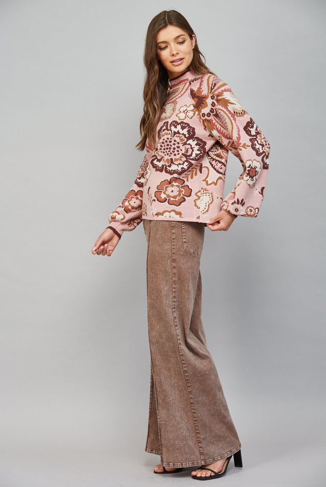 Fate Bold Floral & Paisley Pattern Funnel Neckline Sweater in Mauve Multi-Sweaters-Fate-Deja Nu Boutique, Women's Fashion Boutique in Lampasas, Texas