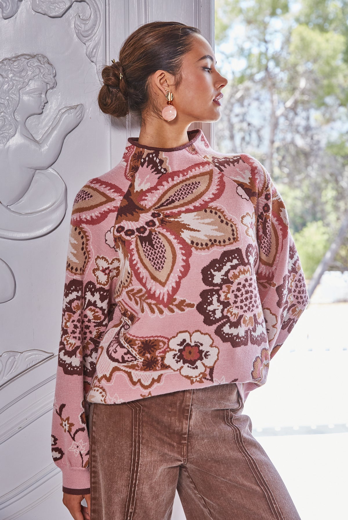 Fate Bold Floral & Paisley Pattern Funnel Neckline Sweater in Mauve Multi-Sweaters-Fate-Deja Nu Boutique, Women's Fashion Boutique in Lampasas, Texas