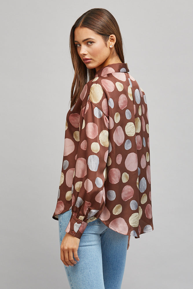 Fate Multicolor Polka Dot Satin Button Up Blouse in Brown Multi-shirts-Fate-Deja Nu Boutique, Women's Fashion Boutique in Lampasas, Texas