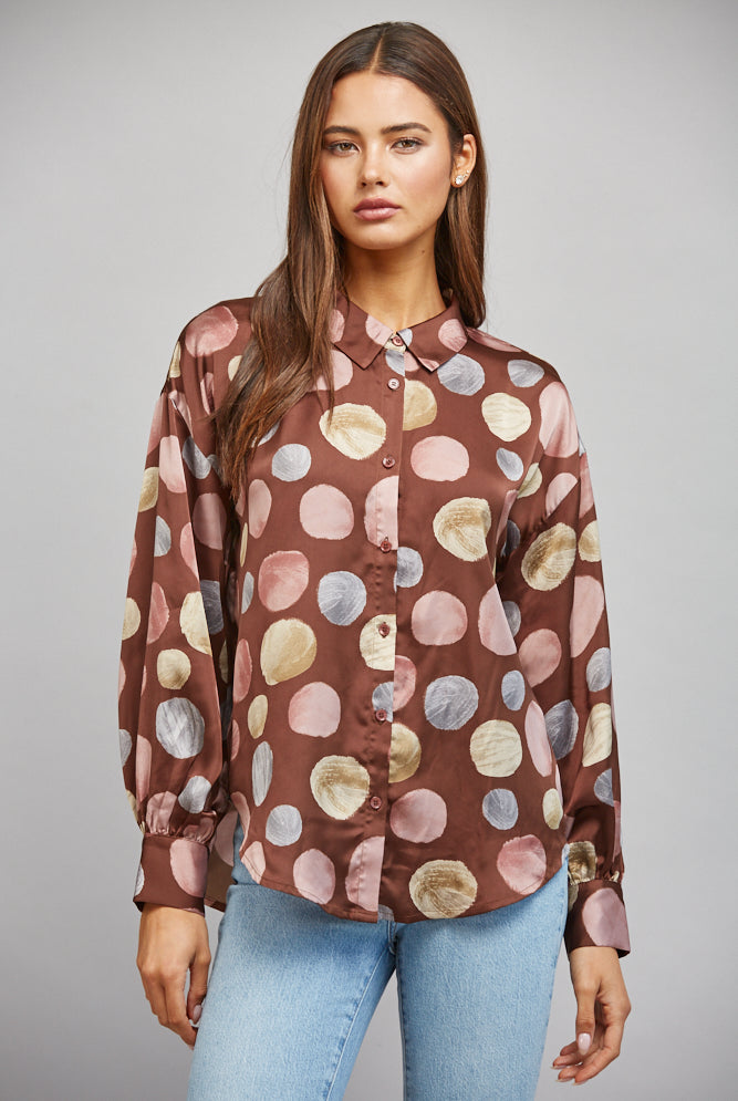 Fate Multicolor Polka Dot Satin Button Up Blouse in Brown Multi-shirts-Fate-Deja Nu Boutique, Women's Fashion Boutique in Lampasas, Texas