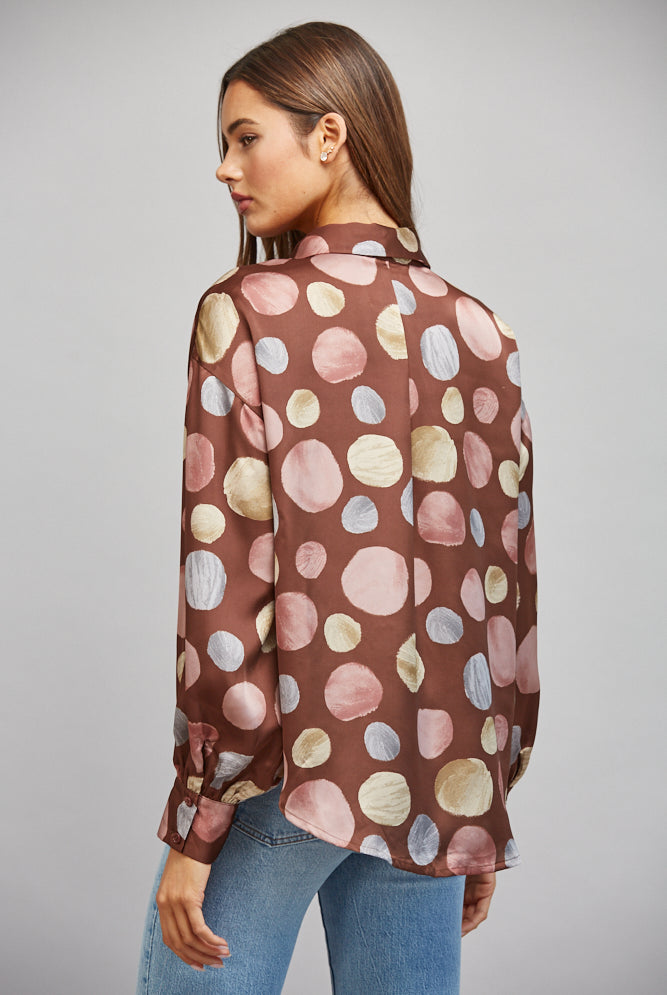 Fate Multicolor Polka Dot Satin Button Up Blouse in Brown Multi-shirts-Fate-Deja Nu Boutique, Women's Fashion Boutique in Lampasas, Texas