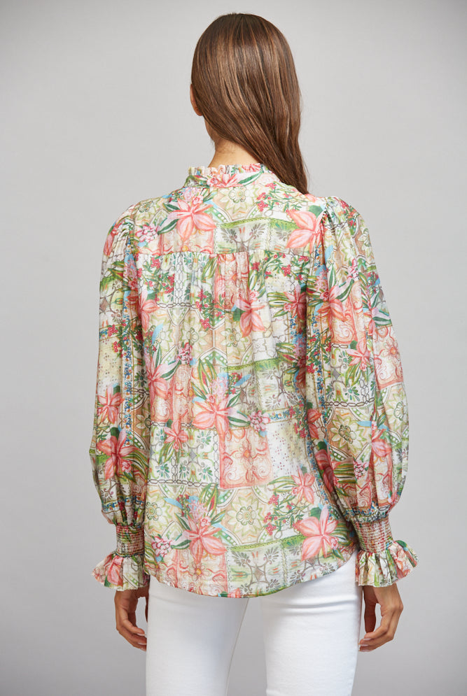 Fate Patchwork Floral Print Ruffled Collar Button Down Blouse-Tops-Fate-Deja Nu Boutique, Women's Fashion Boutique in Lampasas, Texas