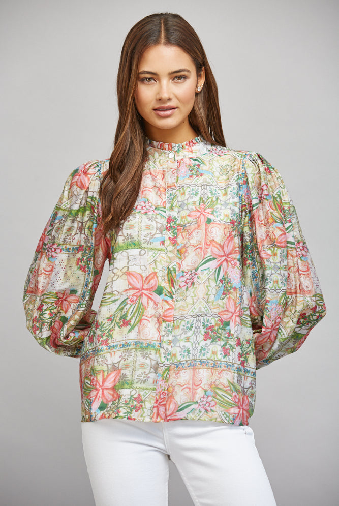 Fate Patchwork Floral Print Ruffled Collar Button Down Blouse-Tops-Fate-Deja Nu Boutique, Women's Fashion Boutique in Lampasas, Texas