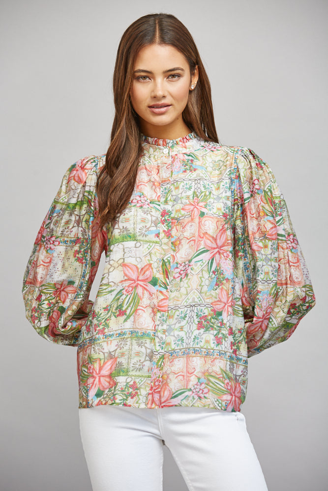 Fate Patchwork Floral Print Ruffled Collar Button Down Blouse-Tops-Fate-Deja Nu Boutique, Women's Fashion Boutique in Lampasas, Texas