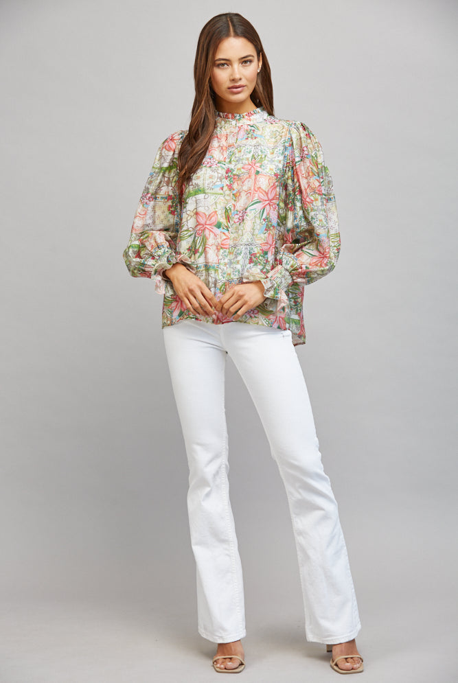 Fate Patchwork Floral Print Ruffled Collar Button Down Blouse-Tops-Fate-Deja Nu Boutique, Women's Fashion Boutique in Lampasas, Texas