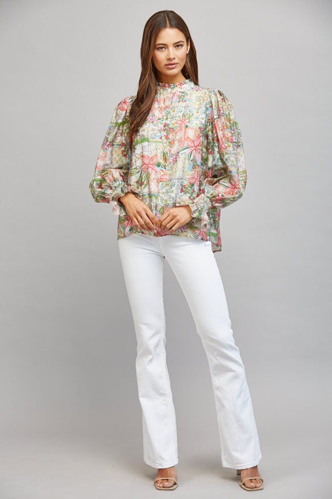Fate Patchwork Floral Print Ruffled Collar Button Down Blouse-Tops-Fate-Deja Nu Boutique, Women's Fashion Boutique in Lampasas, Texas