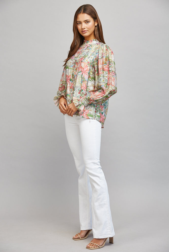 Fate Patchwork Floral Print Ruffled Collar Button Down Blouse-Tops-Fate-Deja Nu Boutique, Women's Fashion Boutique in Lampasas, Texas