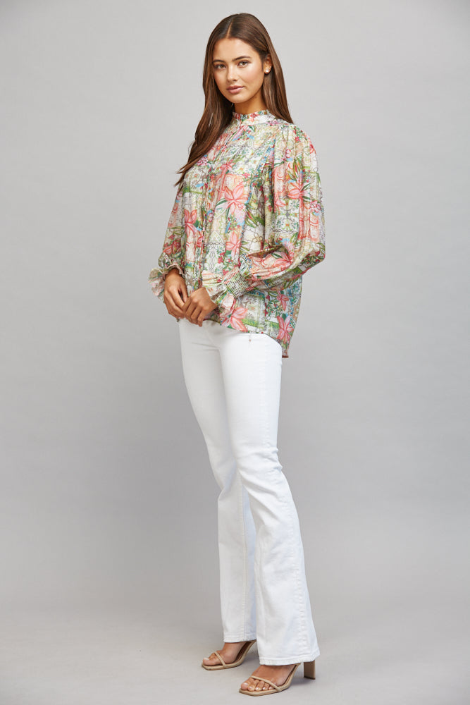 Fate Patchwork Floral Print Ruffled Collar Button Down Blouse-Tops-Fate-Deja Nu Boutique, Women's Fashion Boutique in Lampasas, Texas