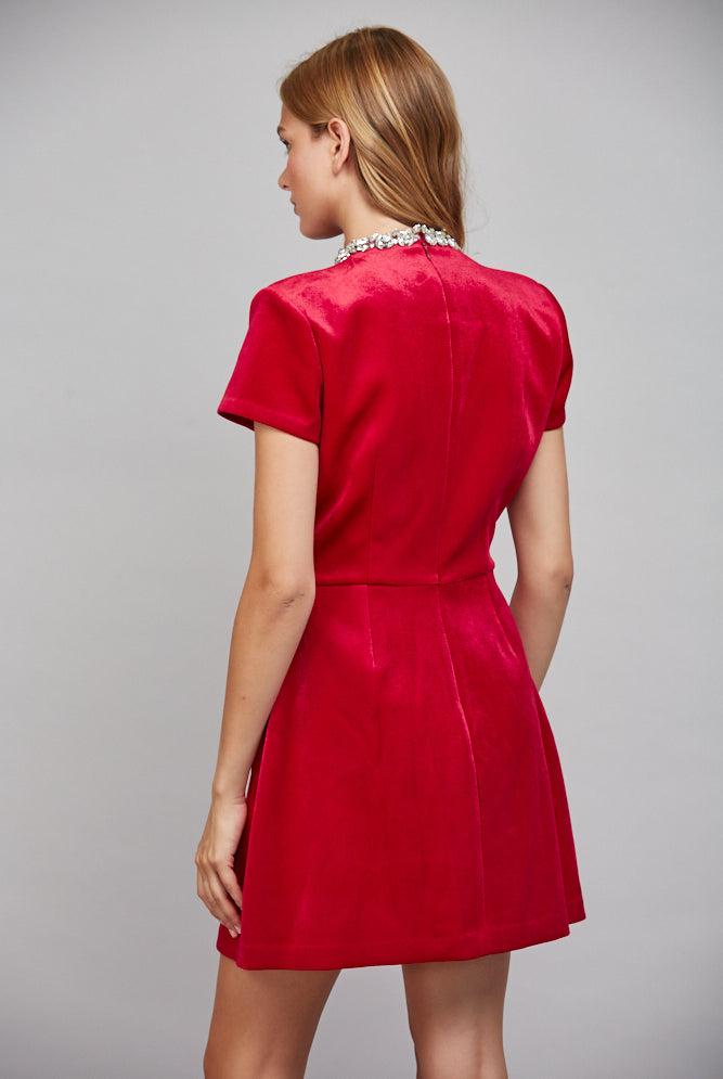 Fate Rhinestone Neckline Ruby Red Velvet Mini Dress-mini dress-Fate-Deja Nu Boutique, Women's Fashion Boutique in Lampasas, Texas