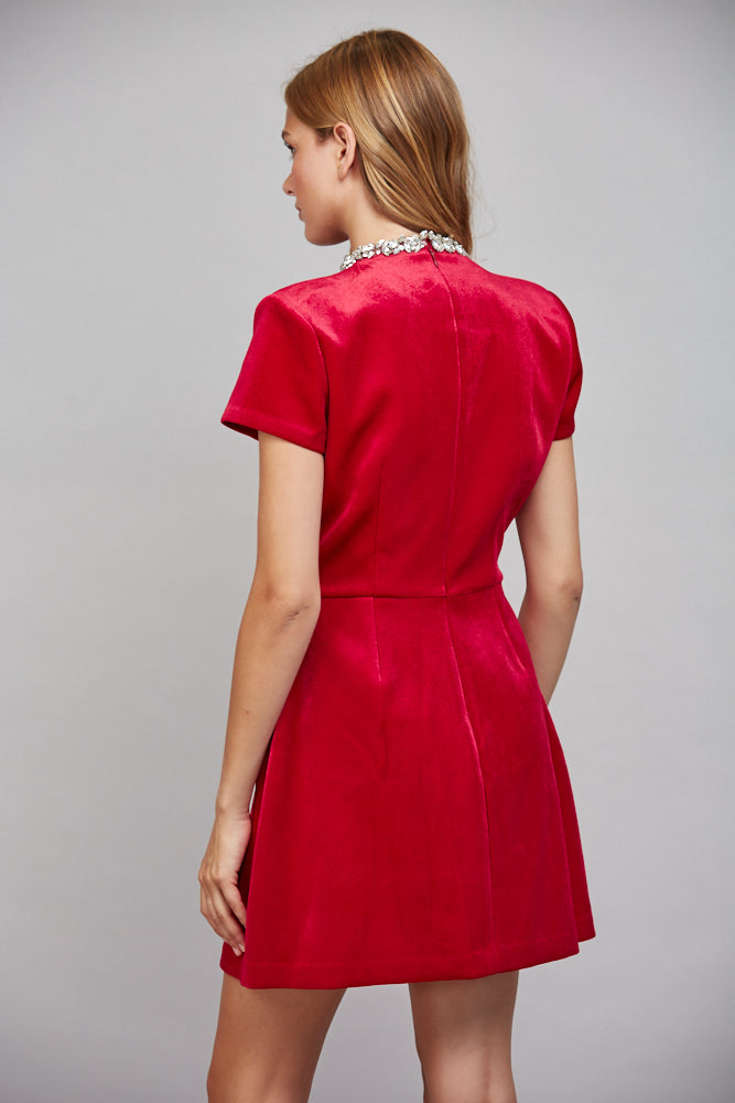 Fate Rhinestone Neckline Ruby Red Velvet Mini Dress-mini dress-Fate-Deja Nu Boutique, Women's Fashion Boutique in Lampasas, Texas