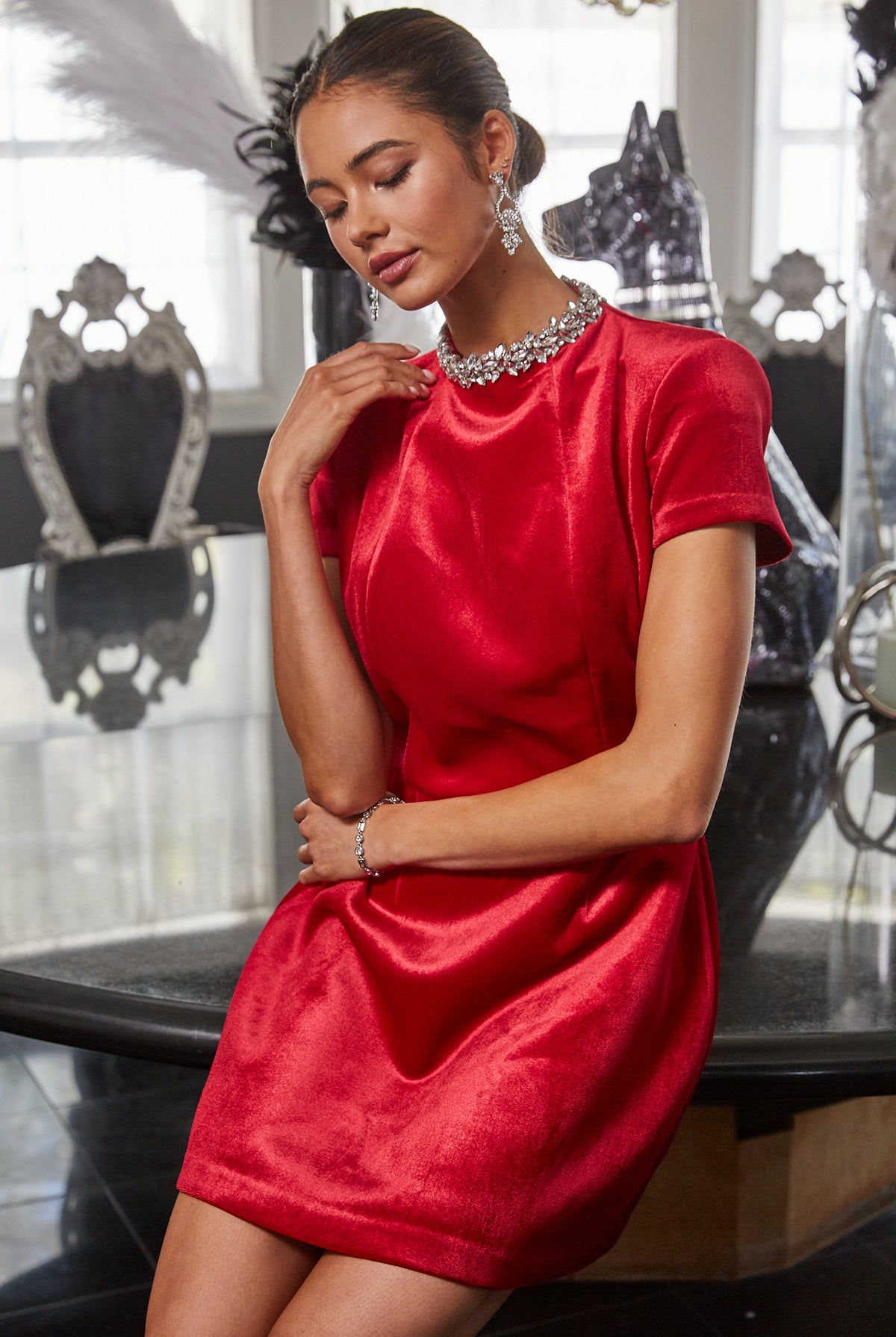 Fate Rhinestone Neckline Ruby Red Velvet Mini Dress-mini dress-Fate-Deja Nu Boutique, Women's Fashion Boutique in Lampasas, Texas