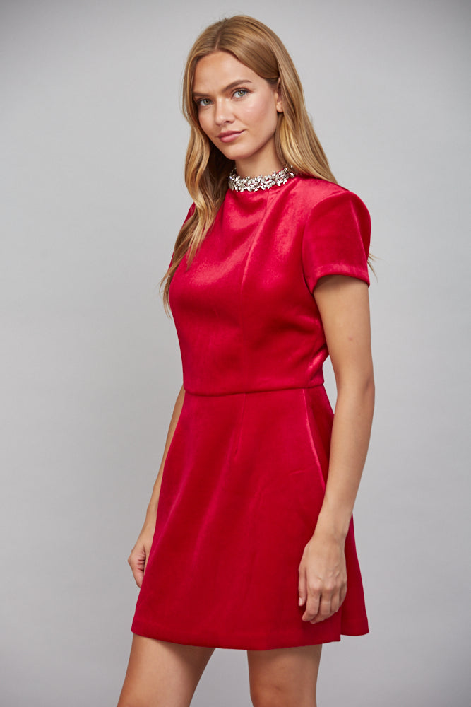 Fate Rhinestone Neckline Ruby Red Velvet Mini Dress-mini dress-Fate-Deja Nu Boutique, Women's Fashion Boutique in Lampasas, Texas