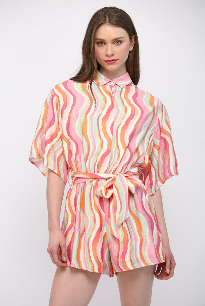 Fate Wavy Stripe Button Down Romper in Cream Multi-Rompers & Jumpsuits-Fate-Deja Nu Boutique, Women's Fashion Boutique in Lampasas, Texas
