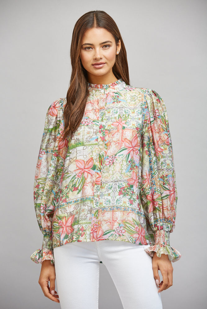 Fate Patchwork Floral Print Ruffled Collar Button Down Blouse-Tops-Fate-Deja Nu Boutique, Women's Fashion Boutique in Lampasas, Texas