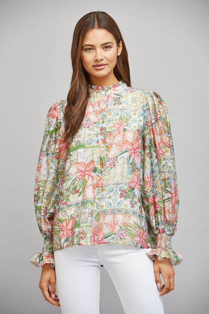 Fate Patchwork Floral Print Ruffled Collar Button Down Blouse-Tops-Fate-Deja Nu Boutique, Women's Fashion Boutique in Lampasas, Texas